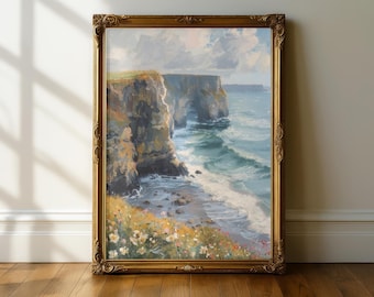 Impressionist Coastal Cliff Wall Art Print, Serene Seascape Painting, Modern Ocean Landscape Decor, Minimal Nature Artwork