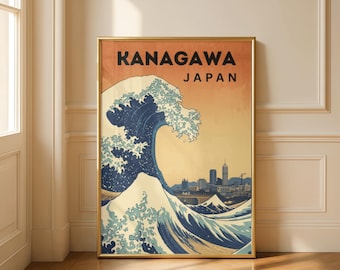 Kanagawa Japan Poster – Great Wave Wall Art – Vintage Japanese Travel Print – Coastal City Decor – Ukiyo-e Inspired Artwork