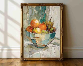 Fruit Bowl Kitchen Still Life Wall Art – Citrus & Banana Painting Print, Rustic Kitchen Decor, Modern Fruit Still Life Poster