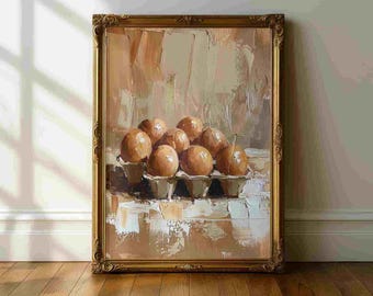 Eggs Kitchen Still Life Wall Art – Rustic Farmhouse Egg Painting Print, Neutral Kitchen Decor, Modern Food Still Life Poster