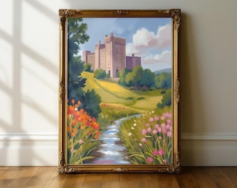 Impressionist Castle Landscape Wall Art Print, Romantic Countryside Painting, Vintage Gold Frame Decor, Floral Meadow Artwork