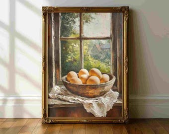 Eggs Kitchen Still Life Wall Art – Rustic Farmhouse Egg Painting Print, Neutral Kitchen Decor, Modern Food Still Life Poster
