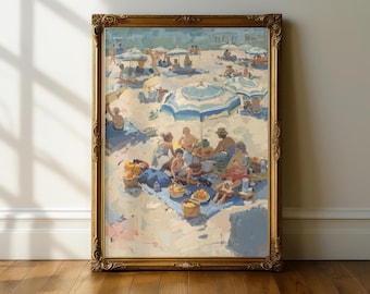 Impressionist Beach Scene Wall Art Print, Sunlit Summer Picnic Painting, Coastal Lifestyle Artwork, Modern Seaside Decor