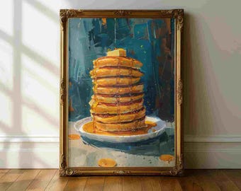 Pancakes Kitchen Still Life Wall Art Print, Maple Syrup Breakfast Painting, Food Art Decor for Kitchen, Brunch Wall Art, Dining Room Artwork