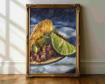 Taco Kitchen Still Life Wall Art – Mexican Food Painting Print, Rustic Taco Artwork, Lime & Street Food Poster, Food Lover Kitchen Decor