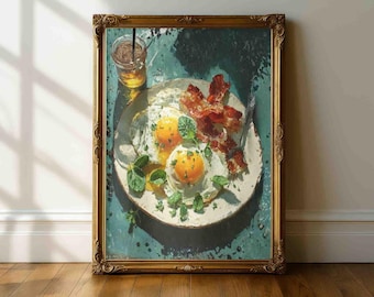Fried Eggs and Bacon Kitchen Still Life Wall Art Print, Breakfast Food Painting, Rustic Kitchen Decor, Farmhouse Dining Wall Art