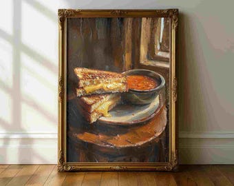 Grilled Cheese Kitchen Still Life Wall Art – Cozy Food Painting Poster, Rustic Cafe Decor, Melted Cheese Toast Art, Warm Kitchen Wall Decor