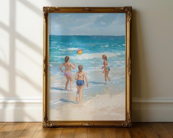 Vintage Beach Wall Art Print – Coastal Kids Playing Ocean Painting, Summer Seaside Decor, Nostalgic Beach House Artwork Gift
