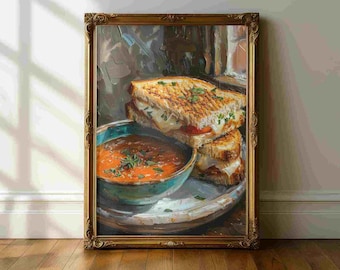 Grilled Cheese Kitchen Still Life Wall Art – Cozy Food Painting Poster, Rustic Cafe Decor, Melted Cheese Toast Art, Warm Kitchen Wall Decor