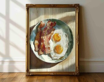 Fried Eggs and Bacon Kitchen Still Life Wall Art Print, Breakfast Food Painting, Rustic Kitchen Decor, Farmhouse Dining Wall Art