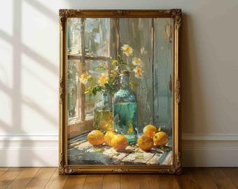 Kitchen Still Life Wall Art – Citrus Fruit Painting Print, Blue Vase Kitchen Decor, Rustic Sunlit Kitchen Still Life Poster