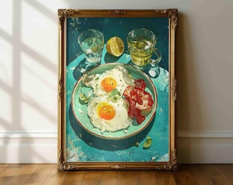 Fried Eggs and Bacon Kitchen Still Life Wall Art Print, Breakfast Food Painting, Rustic Kitchen Decor, Farmhouse Dining Wall Art