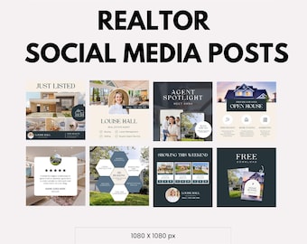 May include: A square graphic with the text "REALTOR SOCIAL MEDIA POSTS" and "40 TEMPLATES | CANVA EDITABLE | INSTANT DOWNLOAD". The image displays various social media post templates for real estate agents, including "JUST LISTED" and "OPEN HOUSE" designs.