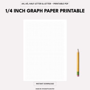 May include: A white printable graph paper with a 1/4 inch grid, with the text "1/4 INCH GRAPH PAPER PRINTABLE". A yellow pencil with a pink eraser is on the right. The text "INSTANT DOWNLOAD" is at the bottom.