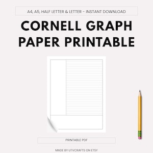 May include: A printable Cornell graph paper design with the text "CORNELL GRAPH PAPER PRINTABLE". The design includes a lined section, a margin, and a section for notes. A yellow pencil is on the right side of the image.
