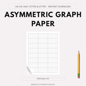 Könnte beinhalten: Ein digitaler Download von asymmetrischem Millimeterpapier. Das Bild zeigt ein Raster aus Linien mit dem Text "ASYMMETRIC GRAPH PAPER". Rechts befindet sich ein gelber Bleistift mit einem rosa Radiergummi. Der Text "PRINTABLE PDF" steht unten.