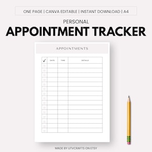 Könnte beinhalten: Ein weißer Terminplaner mit dem Text "APPOINTMENT TRACKER" und "APPOINTMENTS". Der Tracker enthält Spalten für Datum, Uhrzeit und Details. Ein gelber Bleistift mit rosa Radiergummi befindet sich auf der rechten Seite des Bildes.