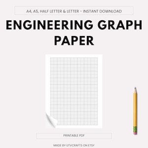 May include: A white sheet of engineering graph paper with a grid pattern, a pencil, and the text "ENGINEERING GRAPH PAPER." The paper is available as an instant download in A4, A5, Half Letter, and Letter sizes.