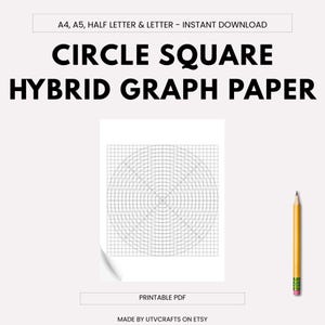 May include: A white sheet of printable graph paper with a circle and square hybrid design. The text "CIRCLE SQUARE HYBRID GRAPH PAPER" is displayed in large, bold, black letters. A yellow pencil with a pink eraser is on the right side of the image.