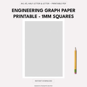 May include: A printable engineering graph paper with 1mm squares, available in A4, A5, half-letter, and letter sizes. The image shows a sheet of graph paper with a grid pattern and a yellow pencil with a pink eraser.