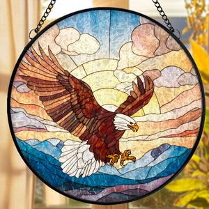 Bald Eagle Glass Suncatcher, Stained Glass Style Bird Window Hanging, Patriotic American Sun Catcher Ornament Gift for Home Decor