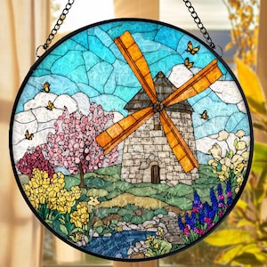 Windmill Glass Suncatcher, Stained Glass Style Window Hanging, Colorful Flower Landscape Sun Catcher Ornament Gift for Home Decor