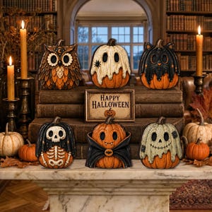 May include: A collection of six decorative pumpkin figurines featuring Halloween-themed designs including an owl, a ghost, a black cat, a skeleton, a vampire, and a scarecrow, arranged around a rectangular sign that reads Happy Halloween.