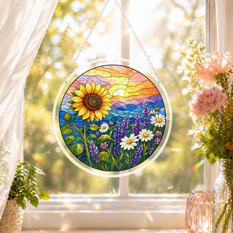 Pu&ograve; includere: Vetrata rotonda con un campo di girasoli, margherite e lavanda con un tramonto. L'opera d'arte &egrave; incorniciata in un bordo trasparente e circolare, appesa a una catena.