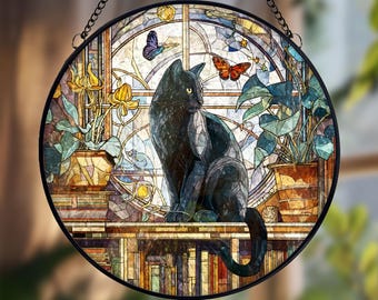 Black Cat Reading Book Stained Glass Suncatcher, Book Lover Gift for ...