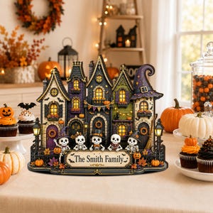 Personalized Halloween Family Wooden Block, Skeleton Family House Decor, Spooky Village Shelf Sitter, Gothic Fall Home Decoration