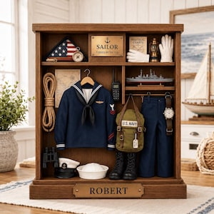 May include: A wooden display case featuring a navy blue sailor uniform, a U.S. Navy backpack, black boots, a white sailor cap, binoculars, a rope, a model ship, a compass, and a plaque reading SAILOR FORGED BY THE SEA and ROBERT.