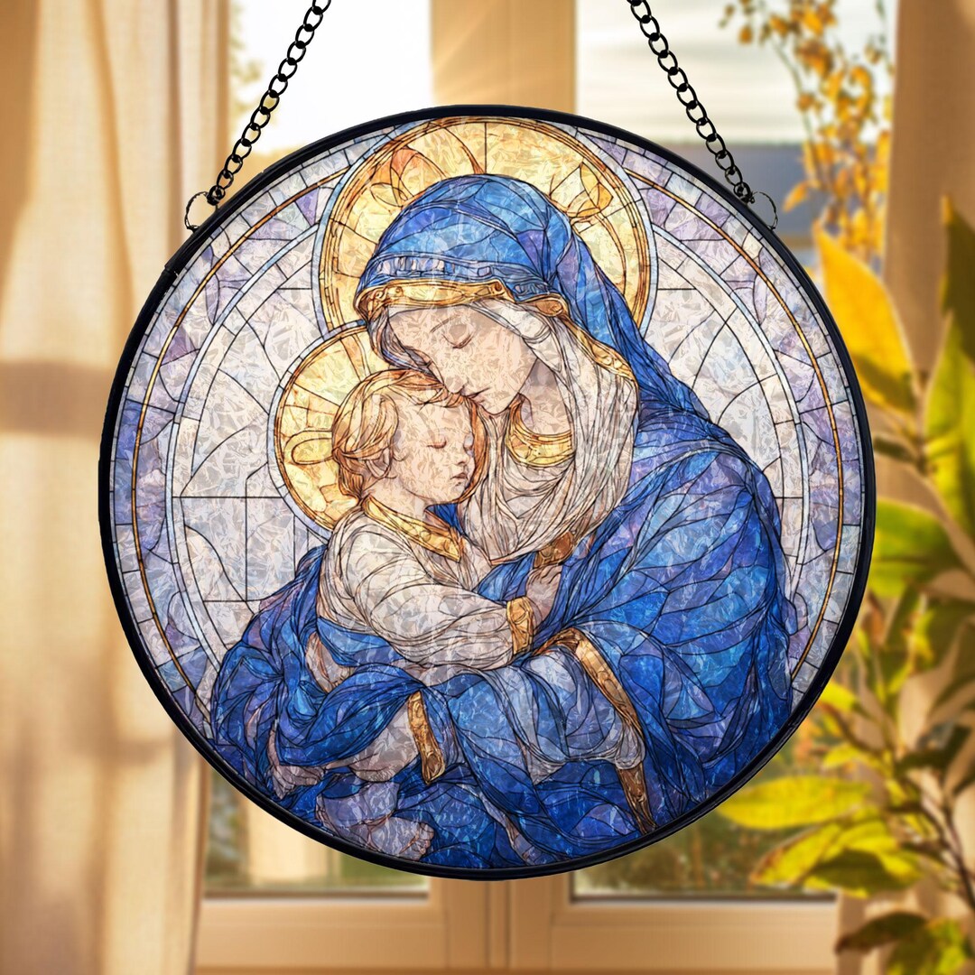Virgin Mary & Baby Jesus Stained Glass Suncatcher, Madonna and Child ...