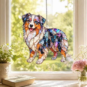 Australian Shepherd Stained Glass Suncatcher, Aussie Dog Window Hanging, Acrylic Pet Ornament, Dog Lover Gift Decor