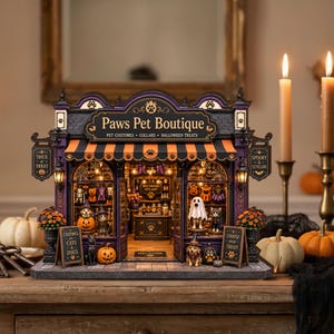 Personalized Halloween Pet Boutique Wooden Block, Custom Pet Shop Decor, Spooky Dog & Cat Store Shelf Sitter, Pet Lover Gift