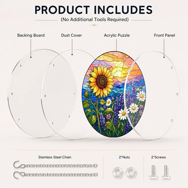 Pu&ograve; includere: Un kit di prodotti include un pannello posteriore, una copertura antipolvere, un puzzle in acrilico e un pannello frontale. Il puzzle in acrilico presenta un girasole, margherite e lavanda su uno sfondo di tramonto. Sono inclusi anche una catena in acciaio inossidabile, dadi e viti.