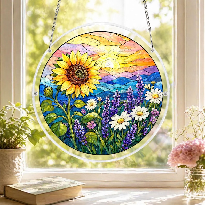 Pu&ograve; includere: Un'opera d'arte rotonda per vetrate con un girasole vibrante, margherite e lavanda contro un tramonto colorato e uno sfondo montuoso. L'opera &egrave; incorniciata in un bordo circolare trasparente e appesa a una catena.