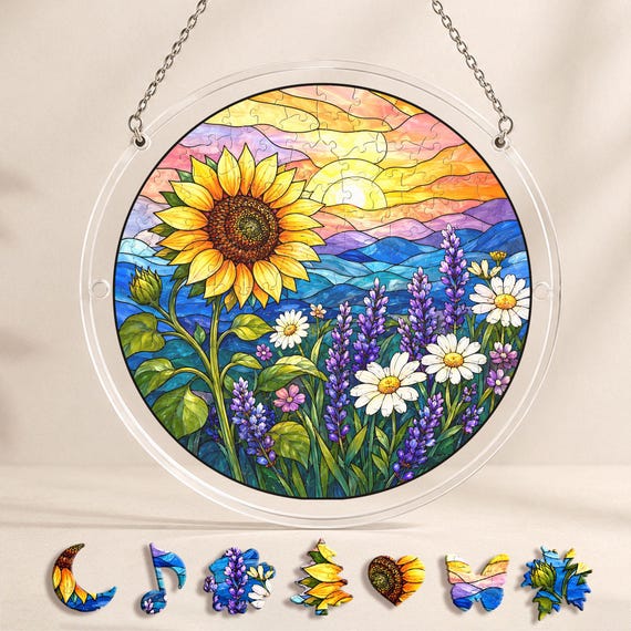 Sunflower Floral Suncatcher Puzzle, Stained Glass Style Acrylic Window Art, Wildflower Mountain Sun Catcher Hanging, Boho Floral Decor Gift