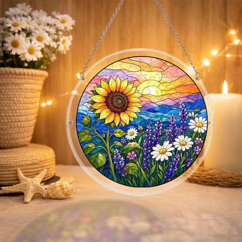 Pu&ograve; includere: Pannello rotondo in vetro colorato con un girasole, lavanda e margherite su uno sfondo di tramonto. L'opera &egrave; incorniciata in un cerchio di acrilico trasparente e sospesa da una catena d'argento. Un elemento decorativo.