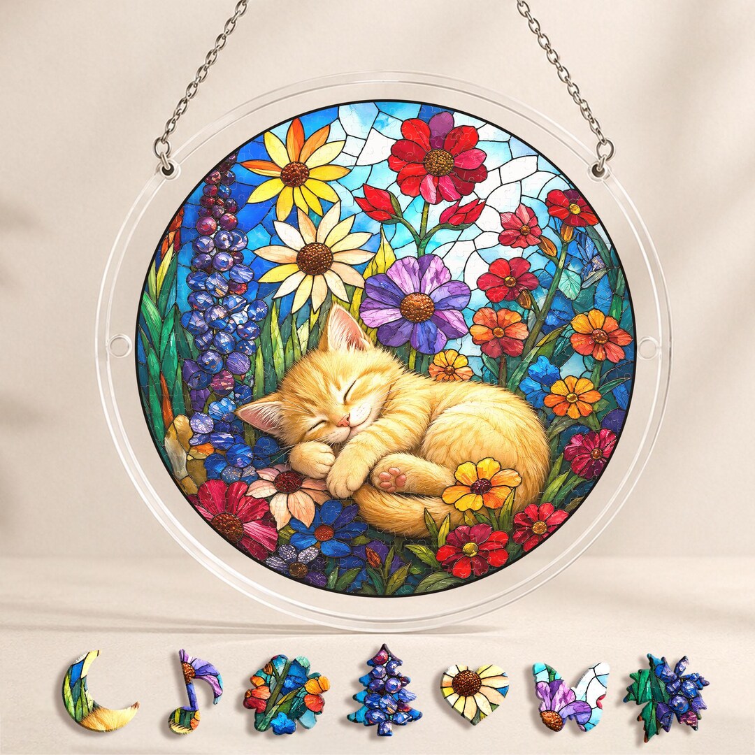 Sleeping Kitten Floral Suncatcher, Stained Glass Style Acrylic Puzzle ...