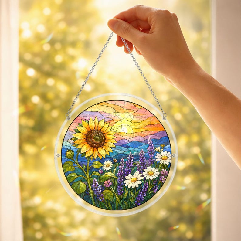 Pu&ograve; includere: Una finestra rotonda in vetro colorato con una scena paesaggistica colorata. L'immagine presenta un grande girasole, lavanda, margherite e un tramonto sulle colline. La finestra &egrave; tenuta da una catena d'argento.