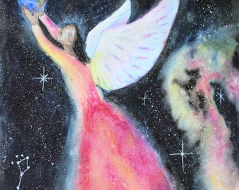 Earth Angel Art,  Watercolor Original Painting, Angel Art Print, Angel Picture, Angel Wings, Spiritual Art, Guardian Angel, Home Decor