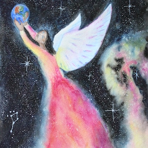 Earth Angel Art,  Watercolor Original Painting, Angel Art Print, Angel Picture, Angel Wings, Spiritual Art, Guardian Angel, Home Decor