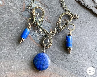 Elvish Fairy Art Nouveau Boho Style Silver Lapis Wirewrapped Wire Wrapped Woven Dangle Statement Pendant Necklace