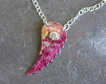 Angel Wing Pink Painted Alcohol Ink Wire Worked Wire Wrapped Cubic Zirconia, April Birthstone