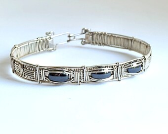 Hematite Wire Wrapped Wirewrapped Channel Set Silver Bangle Cuff Bracelet