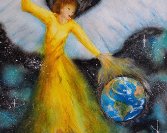 Saving Earth, Earth Angel Art,  Watercolor Original Painting, Angel Art Print, Angel Picture, Angel Wings, Spiritual Art, Guardian Angel