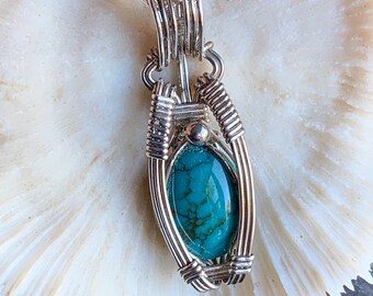 Turquoise Sterling Silver Wirewrapped Wire Wrapped Wirework Unisex Pendant Necklace, December Birthstone