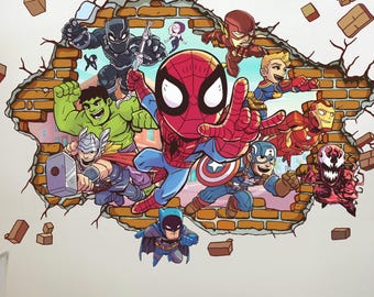 Calcomanía de pared de Spider-Man con grietas en la pared, pegatina de pared de Los Vengadores, papel tapiz de Iron-man, Hulk, arte de pared, mural de pared de superhéroes para habitación de niño, decoración de habitación infantil