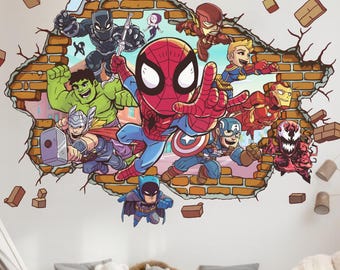 Calcomanía de pared de Spider-Man con grietas en la pared, calcomanía de pared de Los Vengadores, papel tapiz de Iron-Man, arte de pared de Thor, mural de pared de superhéroes para habitación de niño, calcomanía para habitación infantil