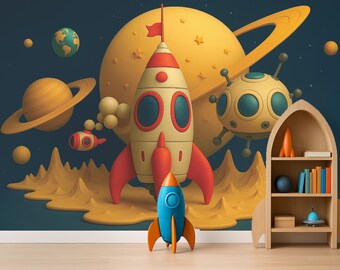 Peel and Stick Rocket & Planets Wallpaper Spaceship Wall Decal Space Wall Mural Galaxy Wall Sticker For Child Room Decor Boy Room Decal